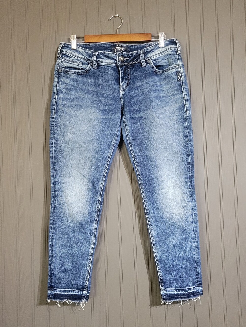 Silver Jeans Co Aiko Denim Jeans Ankle Raw Hem Acid Wash Blue Women's 30